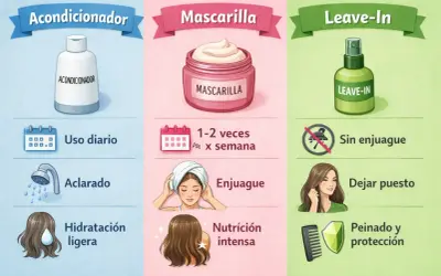 Ilustración compara la diferencia entre acondicionador (uso diario, aclarado, hidratación ligera), mascarilla (1-2 veces/semana, enjuague, nutrición intensa) y leave-in (sin enjuague, dejar puesto, peinado y protección).