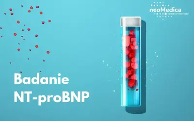 Badanie NT-proBNP w normie. Probówka z krwią i czerwone kropelki na tle.