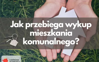 Ręce trzymające symbol domu i klucze. Tekst: "Jak przebiega wykup mieszkania komunalnego?". Poznaj cenę za metr!