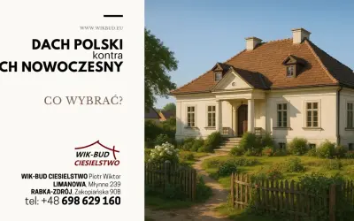 Elegancki dom z tradycyjnym, brązowym dachem. Reklama pyta: "Dach polski kontra dach nowoczesny?".