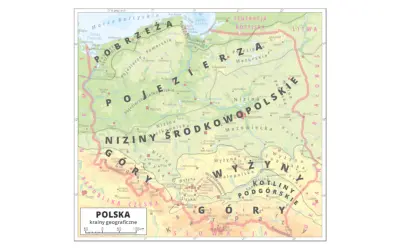 Mapa Polski z zaznaczonymi krainami geograficznymi. Gdzie są Karpaty i Sudety? Na południu kraju, wzdłuż granicy z Czechami i Słowacją.