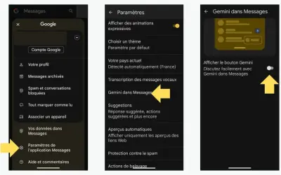 Pour désactiver Gemini dans Messages, accédez aux paramètres de l'application, puis à "Gemini dans Messages" et désactivez le bouton.
