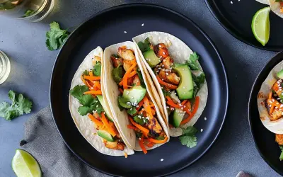 Tre läckra asiatiska tacos med kyckling, avokado, strimlad morot och koriander på en svart tallrik.