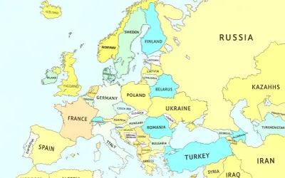 Mapa Europy z zaznaczonymi krajami. Gdzie jest Bruksela? Znajduje się w Belgii, między Francją a Niemcami.