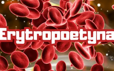 Czerwone krwinki unoszą się w tle, a na pierwszym planie napis "Erytropoetyna".