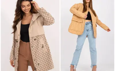 Dwie kobiety prezentują stylowe kurtki wiosenne damskie plus size. Jedna w beżowej kurtce z monogramem, druga w pikowanej, karmelowej.