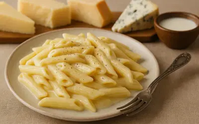 Penne z kremowym sosem serowym, idealne do prostego przepisu na makaron z serem. Na talerzu obok widoczne sery i mleko.