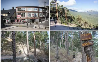 Senderismo en la ruta Siete Picos. Paisajes de montaña y bosques de pinos.