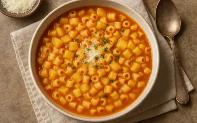 Una ciotola di pasta e patate fumante, guarnita con parmigiano grattugiato e prezzemolo. Accanto, un cucchiaio d'argento e una ciotolina di formaggio.