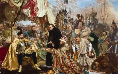Uroczysta chwila podczas Konfederacji Warszawskiej. Król Jan Kazimierz klęka przed biskupem, przyjmując symboliczne dary.