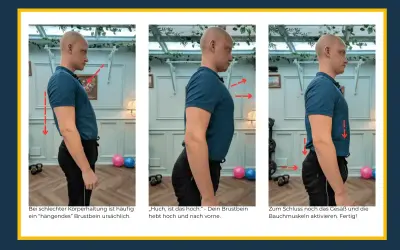Mann korrigiert Haltung: Brustbein hoch, Bauch anspannen. Ein **growth mindset** hilft, schlechte Gewohnheiten zu überwinden und sich zu verbessern.