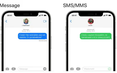 Porównanie iMessage i SMS/MMS. Na iMessage niebieska bańka z tekstem "Cześć! Nie widziałem was od wieków. Co porabialiście?". Na SMS/MMS zielona bańka z tekstem "Cześć, Lauren! Słyszałem, że zamawiałaś coś w nowej pizzerii.