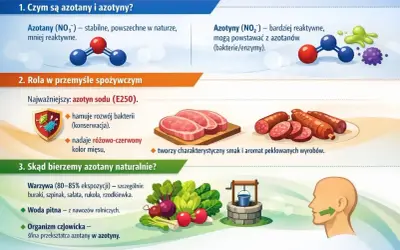 Azotany i azotyny w żywności: stabilne azotany (NO₃⁻) i reaktywne azotyny (NO₂⁻). Azotyn sodu (E250) konserwuje mięso, nadaje kolor i smak. Źródła naturalne: warzywa, woda.