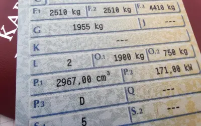 Masa własna w dowodzie rejestracyjnym: 1955 kg. Widoczne też inne dane techniczne pojazdu.