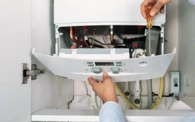 Hände reparieren einen Thermoflow Durchlauferhitzer. Eine Anleitung wird befolgt, um die Komponenten zu überprüfen.
