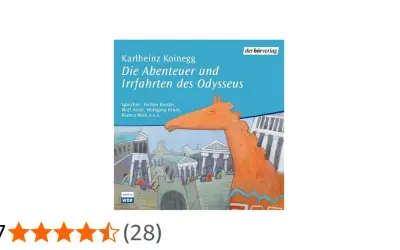 Hörbuchcover: Karlheinz Koineggs "Die Abenteuer und Irrfahrten des Odysseus" mit einem stilisierten Trojanischen Pferd vor antiken Gebäuden.