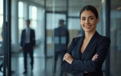 Uśmiechnięta bizneswoman w garniturze, symbol profesjonalizmu i **compliance**. W tle mężczyźni w biurze.
