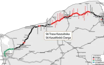 Mapa pokazuje przebieg S6 Trasa Kaszubska, zaznaczone odcinki istniejące, w realizacji i planowane.