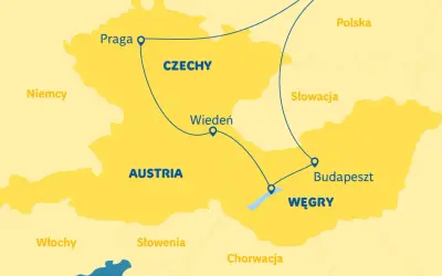 Mapa Europy Środkowej pokazuje trasę z Pragi przez Wiedeń do Budapesztu, obejmując Czechy, Austrię i Węgry.