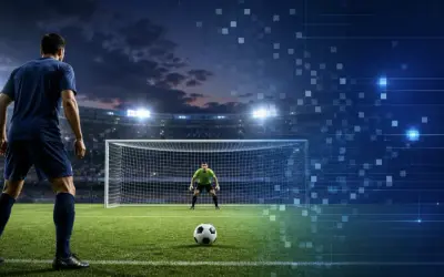 Futbolista ante un penalti que se transforma en una escena digital