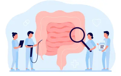 Medici esaminano un intestino ingrandito, simbolo di diagnosi e cura per la colite ulcerosa. Uno tiene una pillola, un altro una bottiglia di farmaci.