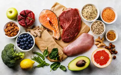 Zdrowe produkty spożywcze: łosoś, wołowina, indyk, warzywa, owoce, orzechy, ryż, soczewica, fasola. Dieta wspierająca przy chorobie wrzodowej żołądka.