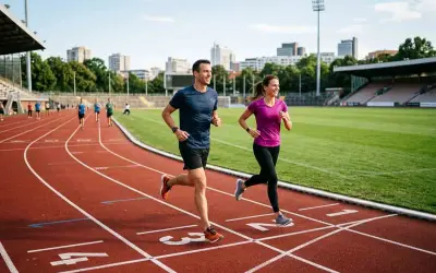 Ein Mann und eine Frau absolvieren ein intensives Schwellentraining Laufen auf einer Leichtathletikbahn. Sie lächeln, während sie nebeneinander rennen.