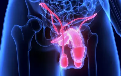 Anatomia męskiego układu rozrodczego. Czerwone naczynia krwionośne mogą sugerować krew w spermie, co jest stanem medycznym.