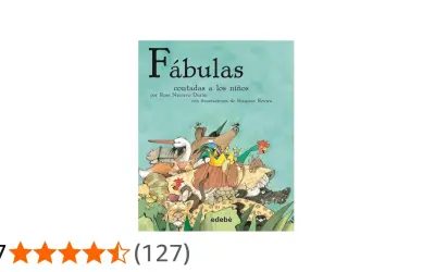 Ilustración de animales diversos, como un león coronado, un zorro y un pelícano, en la portada de "Fábulas contadas a los niños".