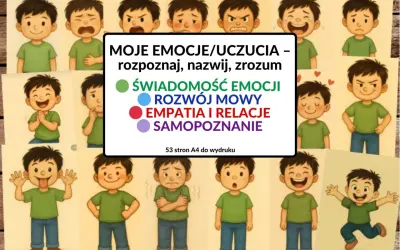 Ilustracja przedstawia chłopców wyrażających różne emocje. Centralnie umieszczona jest lista: "Moje emocje/uczucia – rozpoznaj, nazwij, zrozum", z podpunktami: Świadomość emocji, Rozwój mowy, Empatia i relacje, Samopoznanie.
