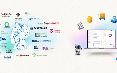 Digitale Transformation in deutschen Städten und Landkreisen, gefördert durch den DigitalPakt 2.0. Eine Karte zeigt Standorte, während ein Laptop und ein Roboter die Zukunft der Bildung symbolisieren.