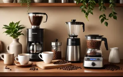 Flera kaffebryggare och bönor på en bänk. En kopp kaffe väntar, redo att avnjutas. Perfekt för att frysa kaffe och spara till senare.