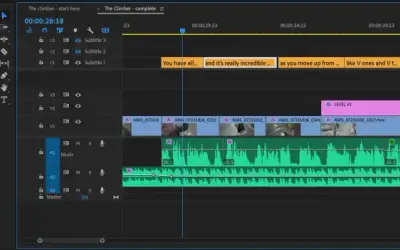 Premiere Pro auto captions are being edited. The "Captions" tab shows transcribed text and timeline markers for "The Climber" video.