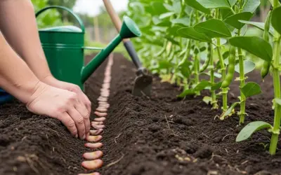 Mains plantent des fèves dans la terre, une ligne de graines prête à germer. Arrosoir vert et plants de fèves en arrière-plan.