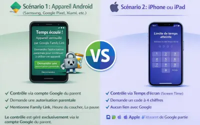Scénario 1 : Android avec Google Family Link, un équivalent familial pour iPhone gratuit. Scénario 2 : iPhone avec Temps d'écran.