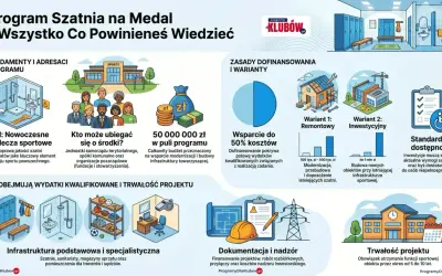 Ilustracja przedstawia nowoczesną szatnię sportową, grupę ludzi, worek z pieniędzmi i budynek.