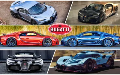 Bugatti Chiron PS: Ein silberner, ein gold-schwarzer, ein roter und ein blauer Chiron stehen für pure Leistung. Unten ein schwarzer Chiron und ein futuristisches Rennauto.