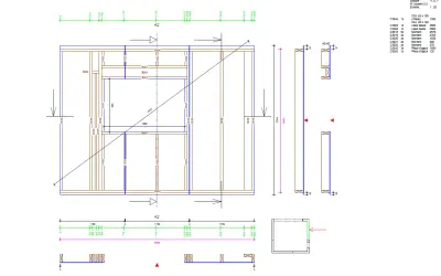 Plan ossature bois gratuit : vue en coupe d'un mur avec détails de dimensions et liste des pièces en bois.