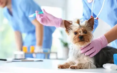 Mały piesek rasy Yorkshire Terrier przechodzi szczepienie psa dorosłego u weterynarza. Weterynarz w różowych rękawiczkach podaje zastrzyk.