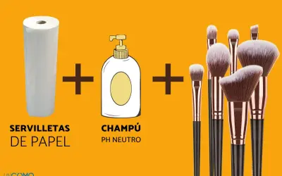 Rutina para limpiar brochas de maquillaje: servilletas de papel + champú pH neutro + brochas.
