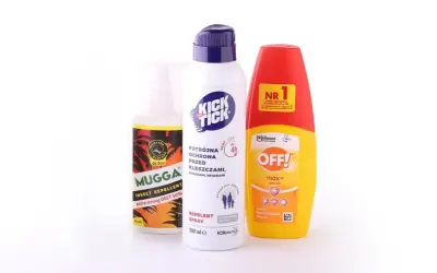 Trzy preparaty przeciw kleszczom i komarom: Mugga, Kick the Tick i OFF! Max. Idealne na spacery z psem, zapewniają ochronę przed insektami.
