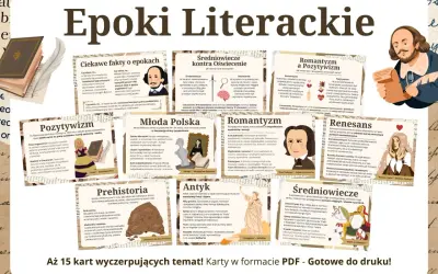 Ilustracja przedstawia kolaż z epok literackich, z portretami pisarzy i grafikami.