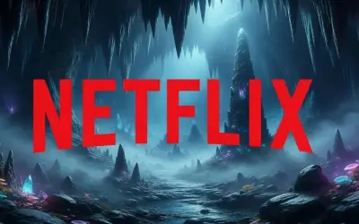Mroczna, fantastyczna jaskinia z kryształami i mgłą. Czerwony napis NETFLIX sugeruje, że to dobry film na wieczór Netflix.