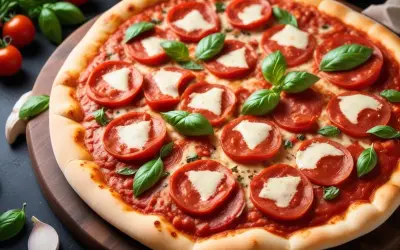 En läcker pizza med tomatsås, pepperoni och färsk basilika. Perfekt för en mysig kväll.