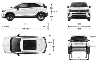 Opel Crossland: widok z boku, przodu, tyłu i z góry z wymiarami.