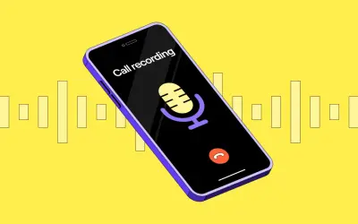 Telefon z ikoną mikrofonu i napisem "Call recording". Aplikacja do nagrywania rozmów w akcji, z wizualizacją dźwięku w tle.