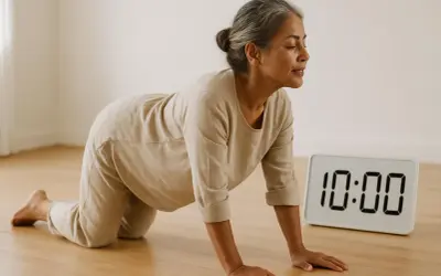 Donna in posizione yoga per la mobilità del bacino, con un timer digitale che segna 10:00.