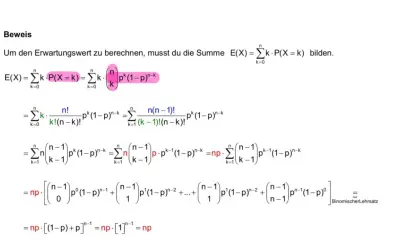Beweis der Erwartungswert Formel: E(X) = np. Die Formel zeigt die schrittweise Berechnung des Erwartungswerts.