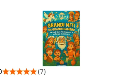 Copertina di libro con personaggi mitologici greci e un Pegaso, ideale per scoprire leggende per bambini e colorare.