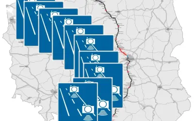 Mapa Polski z zaznaczonymi odcinkami dróg objętymi odcinkowym pomiarem prędkości. Znaki informują o fotoradarach i grożących mandatach.